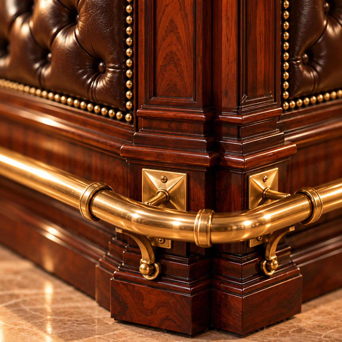 Close-up of an ornate corner of a luxury piece of furniture, featuring dark reddish-brown wood paneling, tufted dark brown leather upholstery with brass nailhead trim, and a polished brass corner guard rail mounted on the wooden posts.