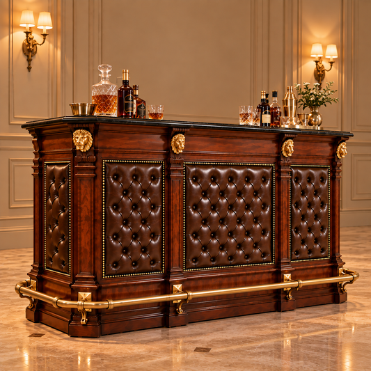 An elegant bar counter with dark brown tufted leather panels, brass lion head accents, and a black marble top, set in a luxurious room with wall sconces and bar decor.