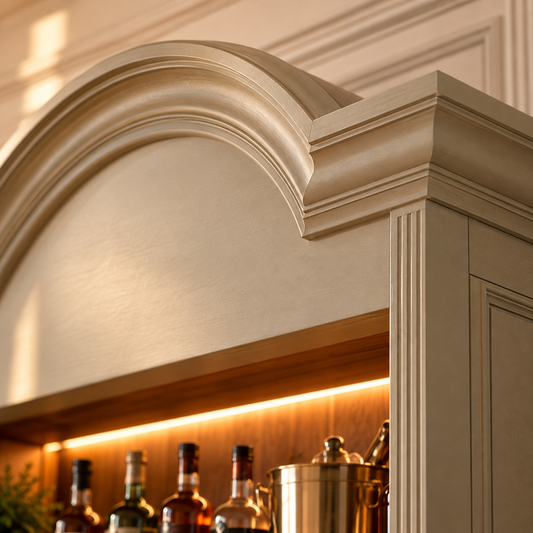 Close-up of a cream-colored wooden cabinet with an arched top and warm under-cabinet lighting, with liquor bottles visible inside.