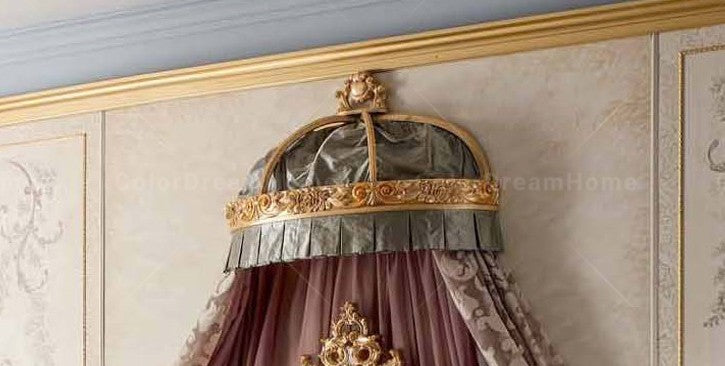 Decorative canopy with gold accents on a wall with ornate molding.