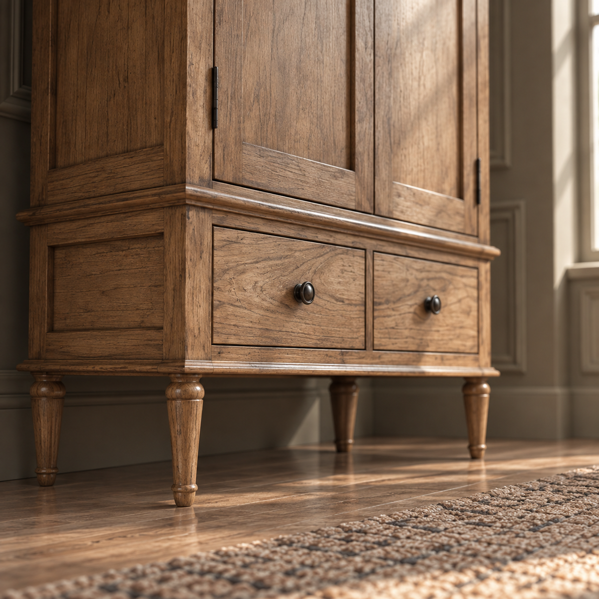 A close-up of a rustic wooden cabinet with two drawers, turned legs, and dark round knobs, set in a warm, sunlit room with hardwood floors and a textured rug.