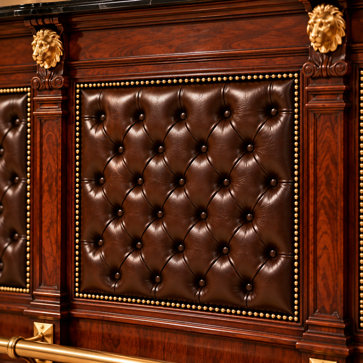 A close-up of a dark brown tufted leather panel with brass nailhead trim, set against a richly carved dark wood wall with gold lion head details.