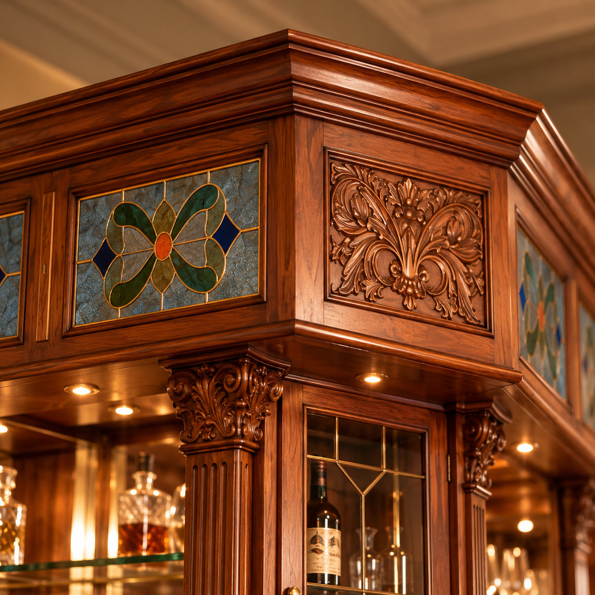 Close-up of an ornate wooden bar cabinet with carved floral panels, stained glass accents, and glass-front lower cabinets in a warm bar interior.