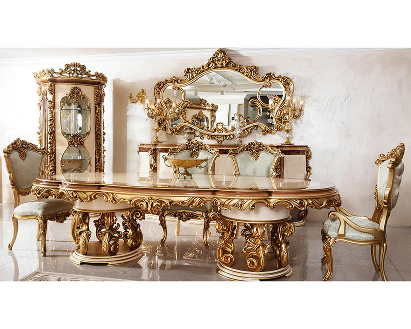 Luxurious gold dining set with ornate table and chairs on a white background