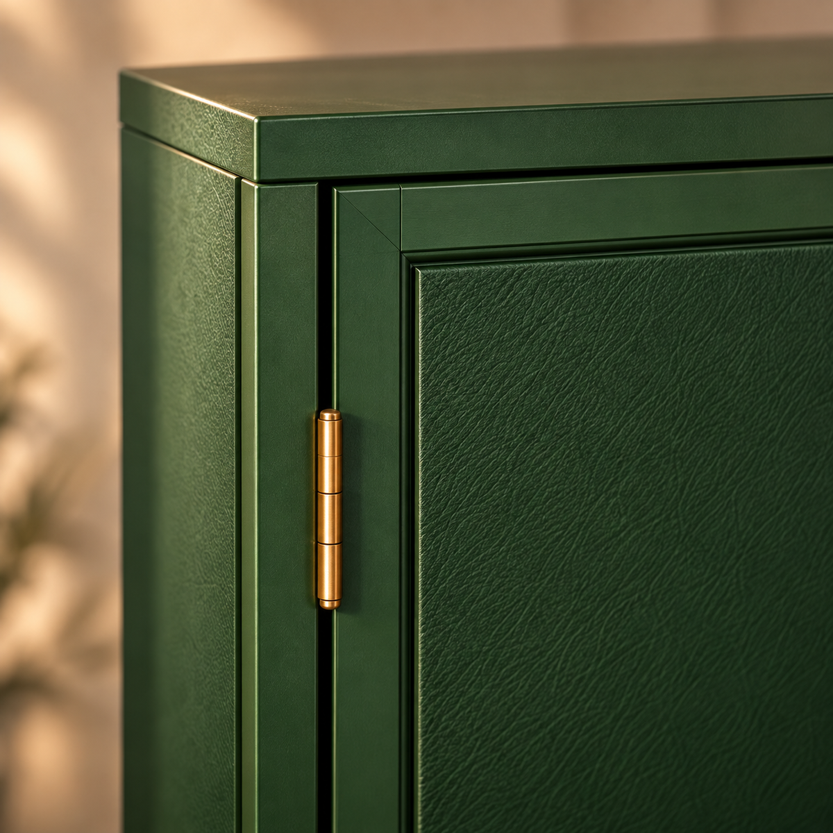 Close-up of a dark green cabinet door with a textured finish and a gold-toned hinge, shown against a softly blurred warm beige background.