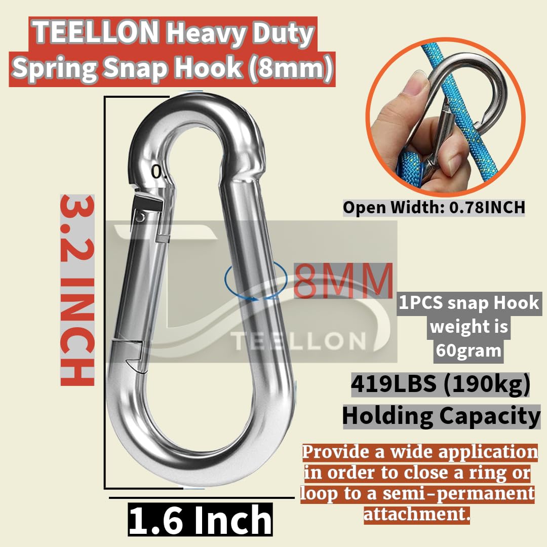 TEELLON Heavy Duty Spring Snap Hook with specifications on a beige background