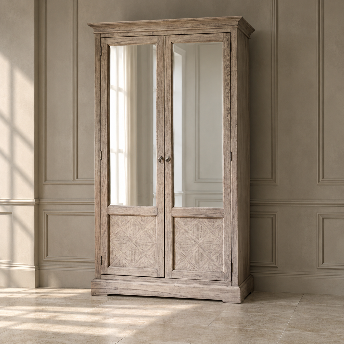 A tall rustic wooden armoire cabinet with two mirrored doors and carved lower panels, shown in a styled room with paneled walls and tiled floor.