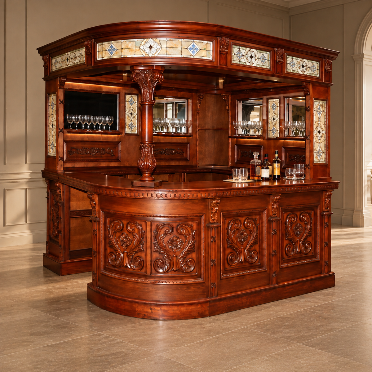 An ornate curved bar cart made of rich dark reddish-brown wood, featuring intricate hand-carved floral scrollwork on the front, decorative stained-glass style panels, built-in shelving with wine glasses, and a polished countertop with bottles and glasses, set in an elegant interior room.