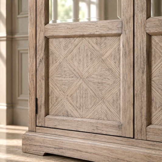 Close-up of a rustic wood cabinet door with a geometric diamond inlay pattern, featuring a weathered gray-brown wood finish and glass window panels at the top.