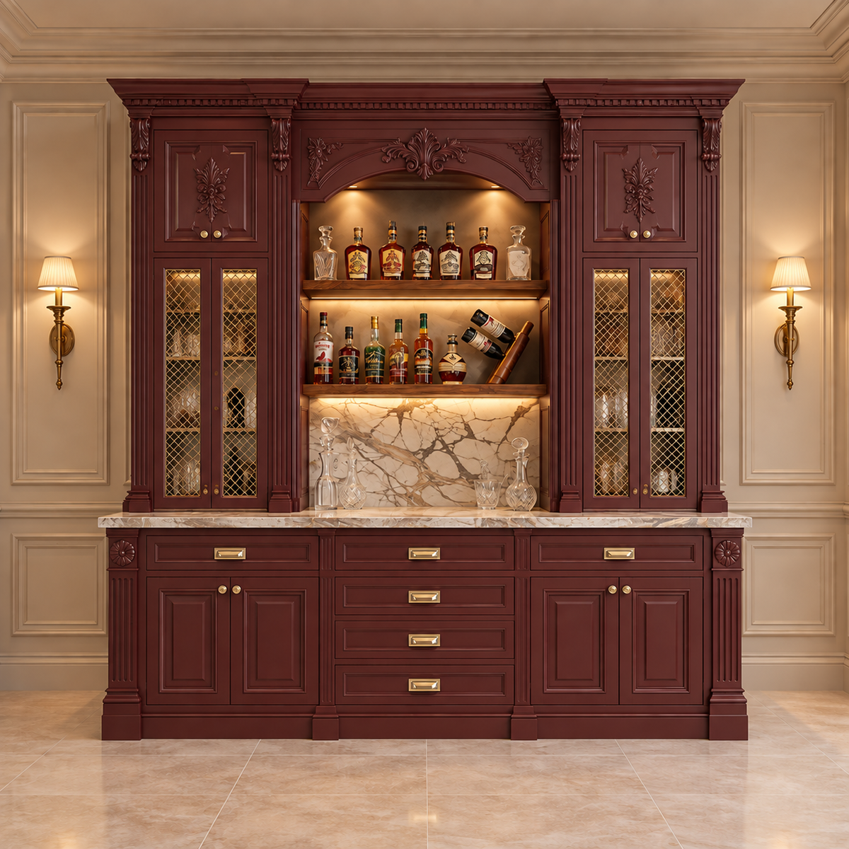 A large dark red wooden bar hutch with gold hardware, marble countertop, and built-in shelving with wine bottles, set against a beige paneled wall with lit sconces.