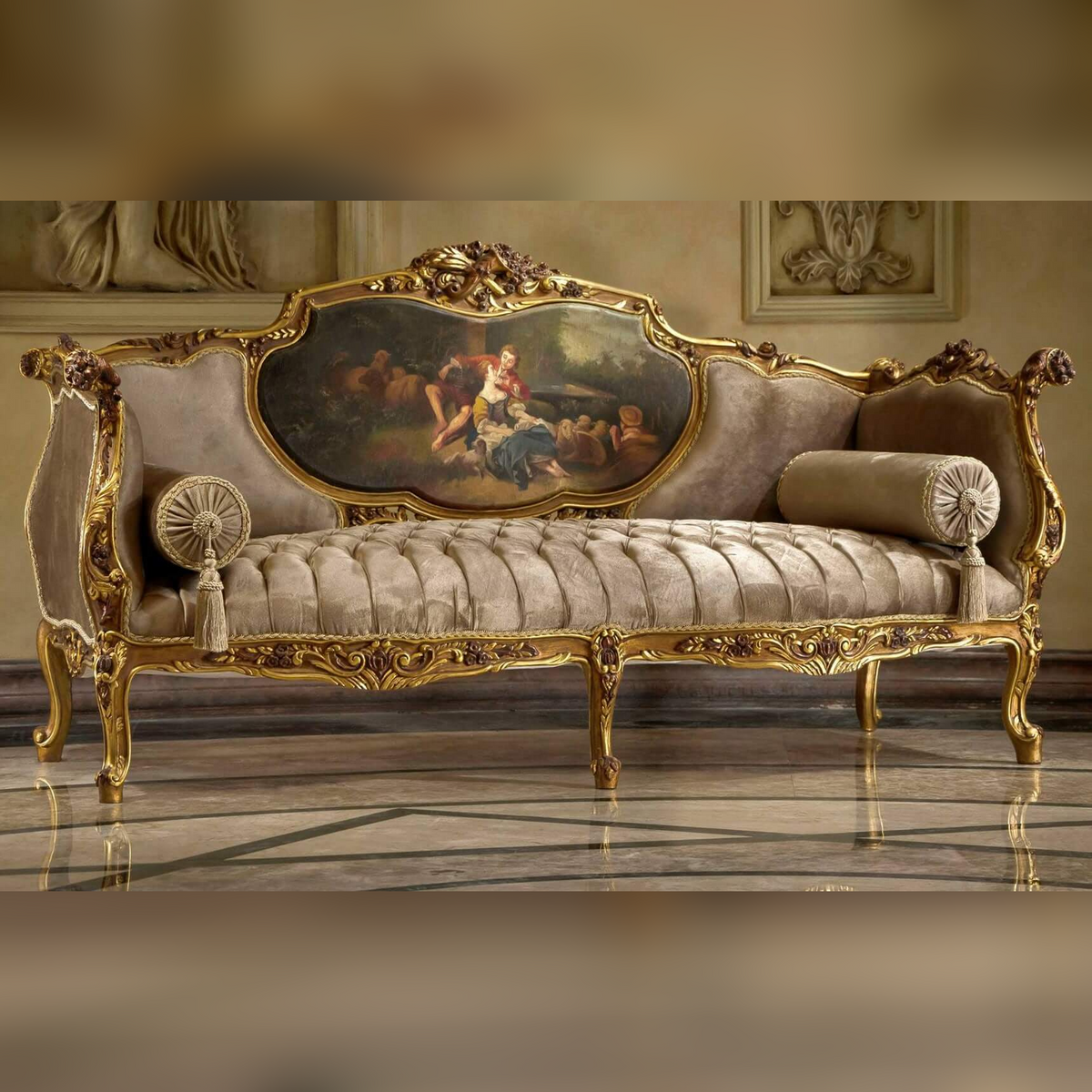 Decorative sofa with gold frame and classical painting in a room with marble floor and wall art.