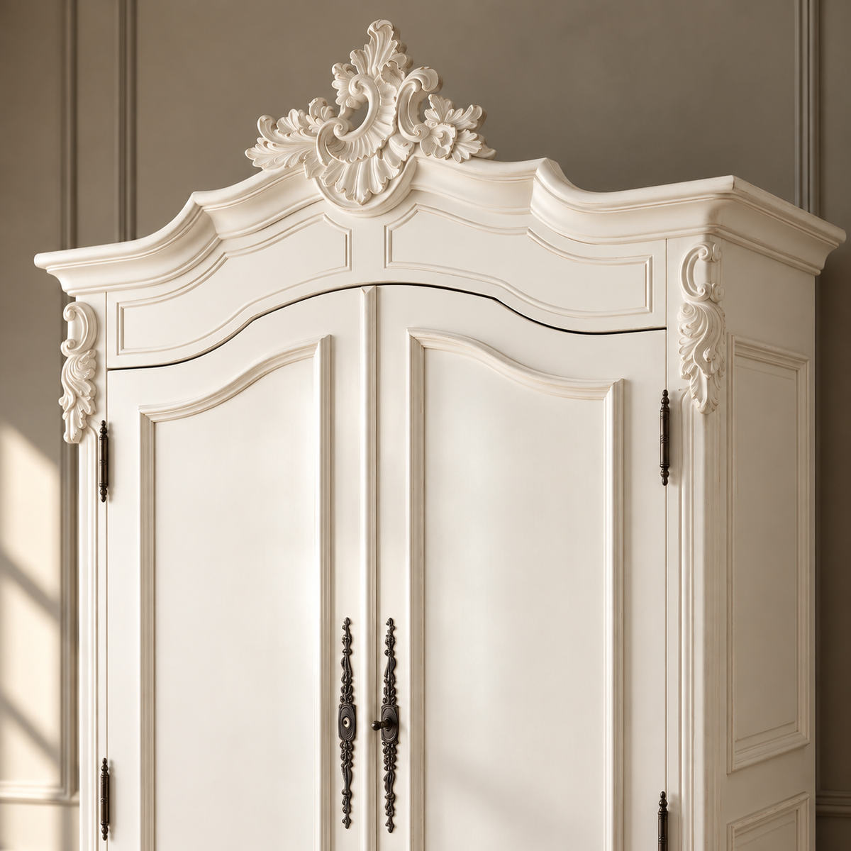 An ornate white double-door armoire or cabinet with decorative carved details, dark metal handles, and dark hinges, shown against a neutral gray wall.