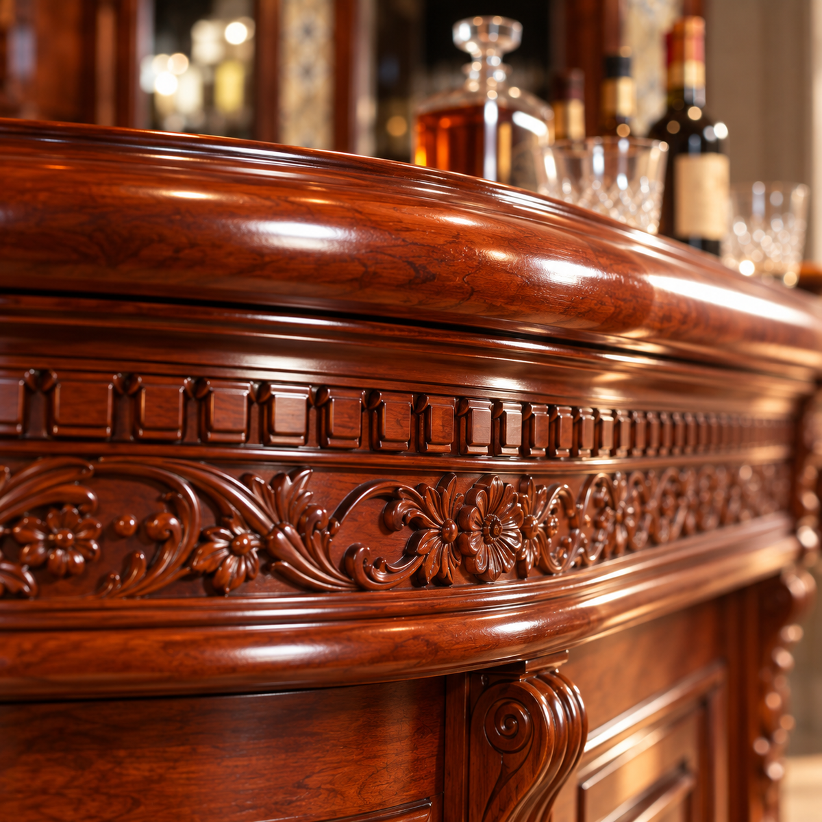 Close-up of an ornate dark reddish-brown wooden bar cabinet with carved floral detailing and a glossy finish, with blurred bottles and glasses in the background.