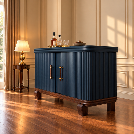 A navy blue ribbed sideboard cabinet with dark wood legs and brass handles, styled in a warm, elegant room with wood floors, a window, and a side table with a lamp.