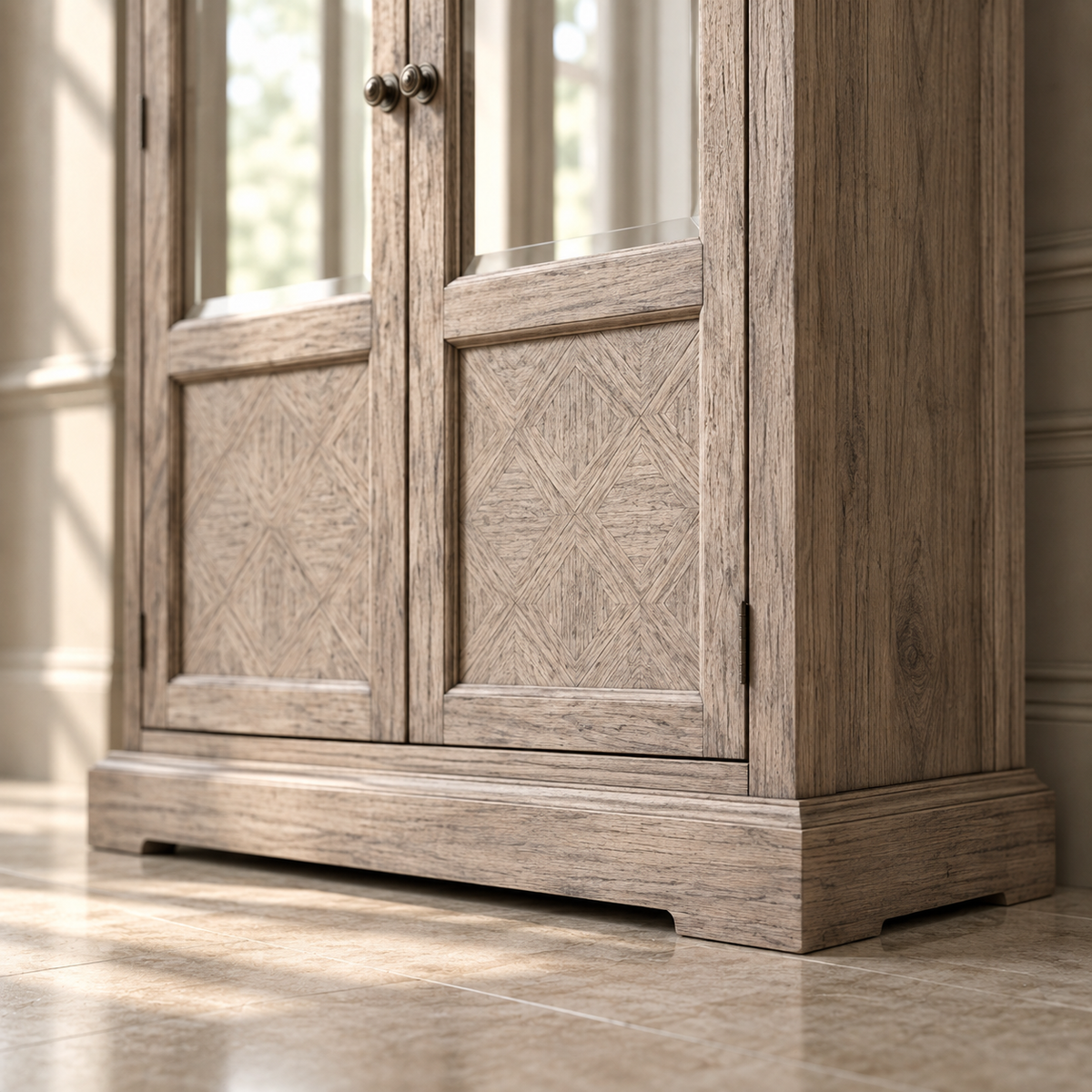A close-up of a rustic light brown wooden cabinet with carved geometric paneling on the doors and a glass upper section, set against an elegant interior background with warm sunlight and tiled flooring.