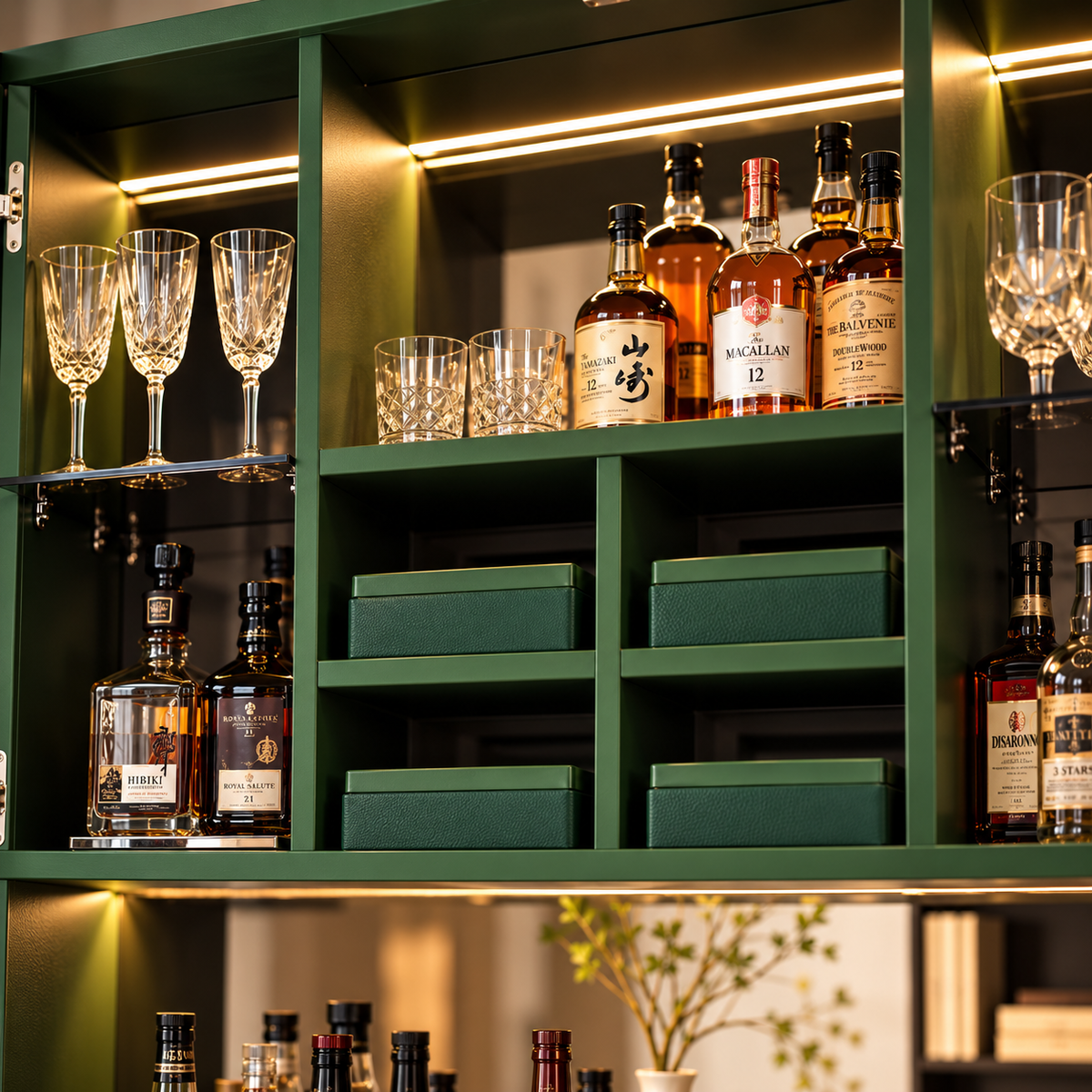 A dark green wooden shelving unit with built-in lighting, styled with liquor bottles, crystal wine glasses, and green storage boxes.