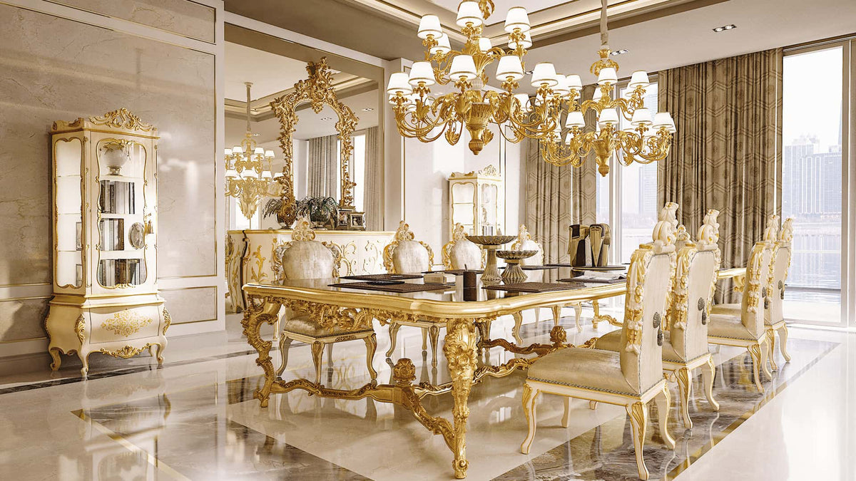 Luxurious dining room with gold table and chairs in a modern interior setting.