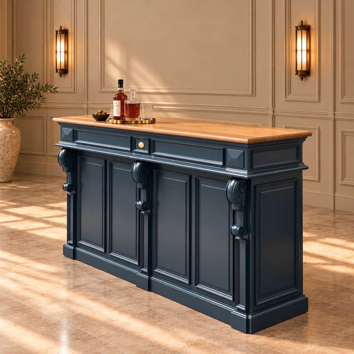 A dark navy blue bar cart with a light natural wood top, styled with a bottle and glasses in a warm, elegant room with beige walls and sconces.