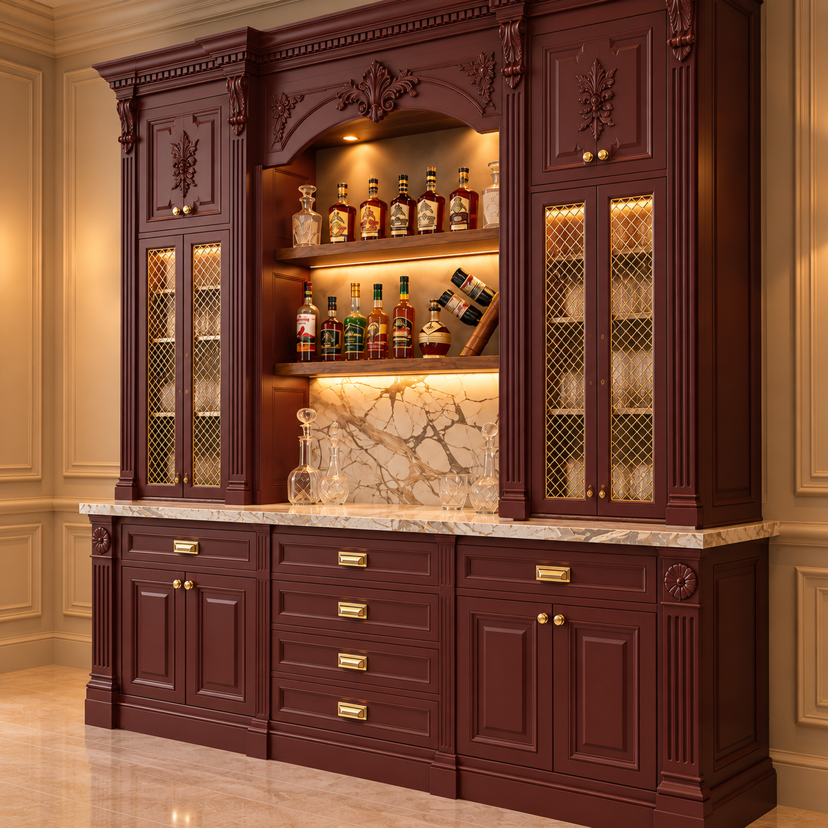 A large dark reddish-brown wooden bar cabinet with ornate carved details, marble countertop, and glass-front cabinets, shown styled with bottles and glasses inside a warm, elegant room.
