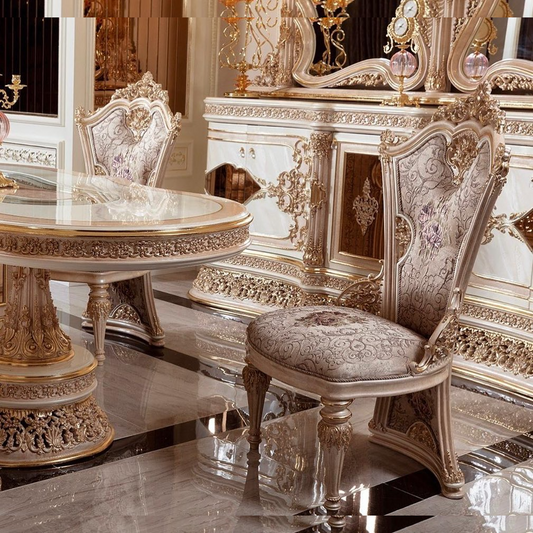 Luxurious dining set with ornate table and chairs in a reflective room.