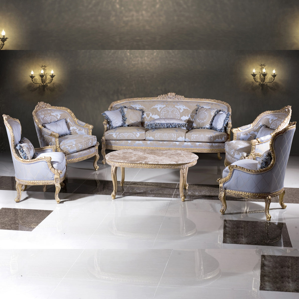 Luxury living room set with ornate furniture and decorative pillows on a reflective floor.