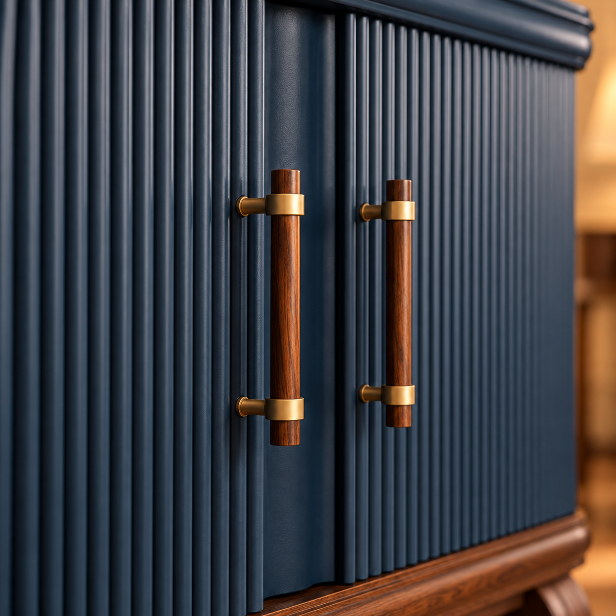 Close-up of a dark blue ribbed cabinet door with two vertical wooden handles featuring gold metal bands, set against a softly blurred warm interior background.