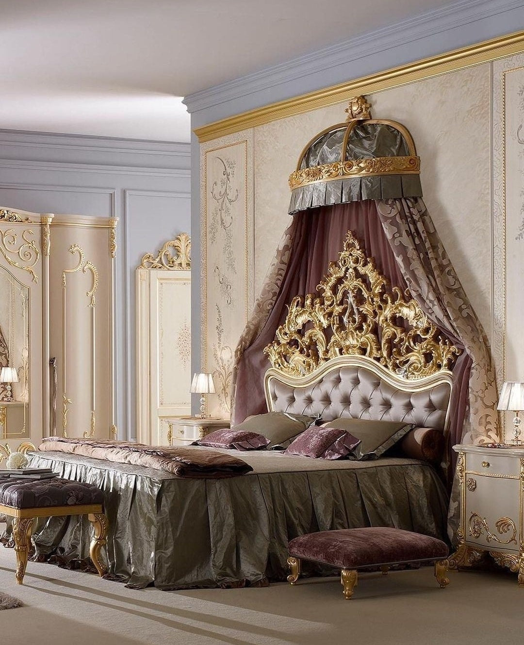 Luxurious bedroom with ornate bed and decorative canopy