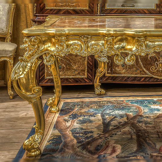 Decorative gold desk with intricate carvings in a room with a patterned rug.