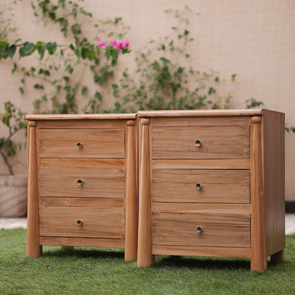 Wooden outdoor storage unit with greenery in the background