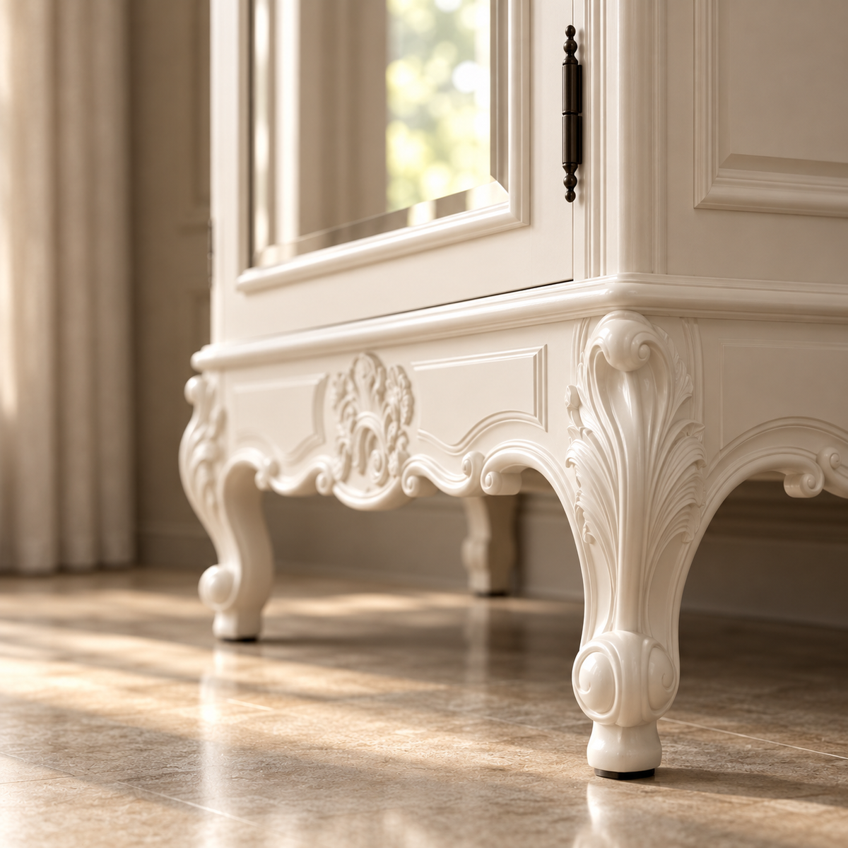 An ornate off-white carved cabinet or sideboard with cabriole-style legs, shown in a softly lit room with a tiled floor and curtains in the background.