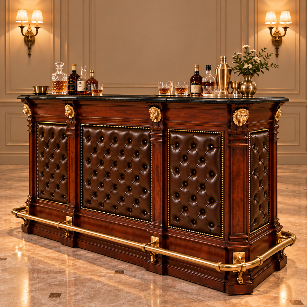 An ornate wooden bar cabinet with dark brown tufted leather panels, brass hardware, and a black countertop, shown in a decorated interior with bottles, glasses, and wall sconces.