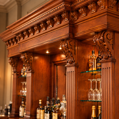 An ornate carved wooden bar cabinet with glass shelves holding bottles and wine glasses, photographed in a warm indoor setting.