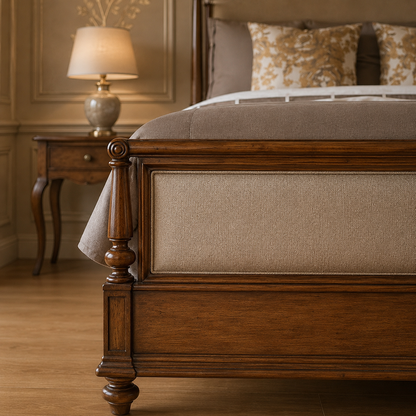 A close-up of a classic wooden bed frame with upholstered beige panels, styled in a warm, elegant bedroom setting with a matching wooden nightstand and lamp.