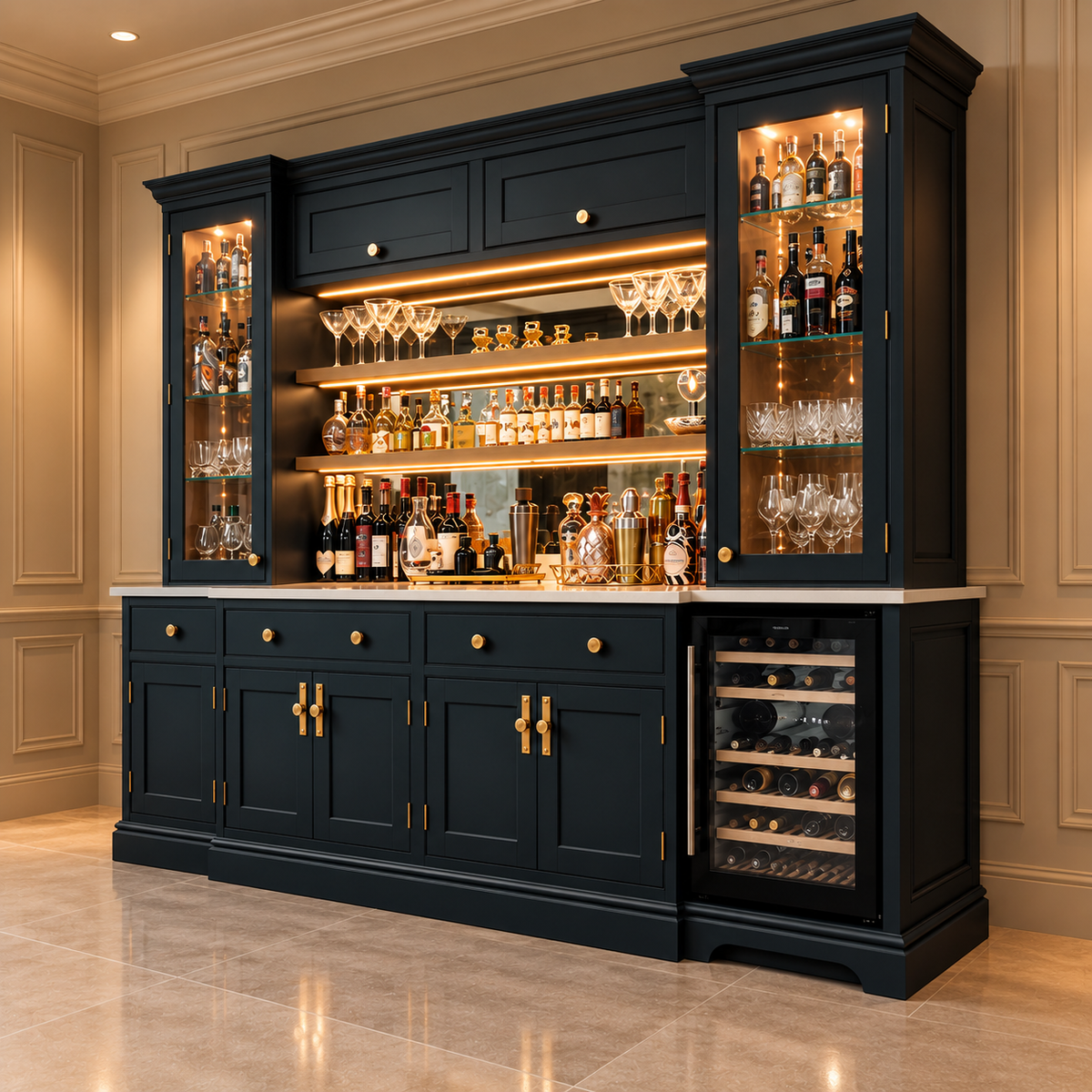 A large built-in bar cabinet in dark navy blue, shown installed in a formal room with paneled walls and tiled floors. The cabinet features glass-front wine display sections, open shelving with warm underlight and bottles, a marble-look countertop, and a wine cooler door on the lower right.