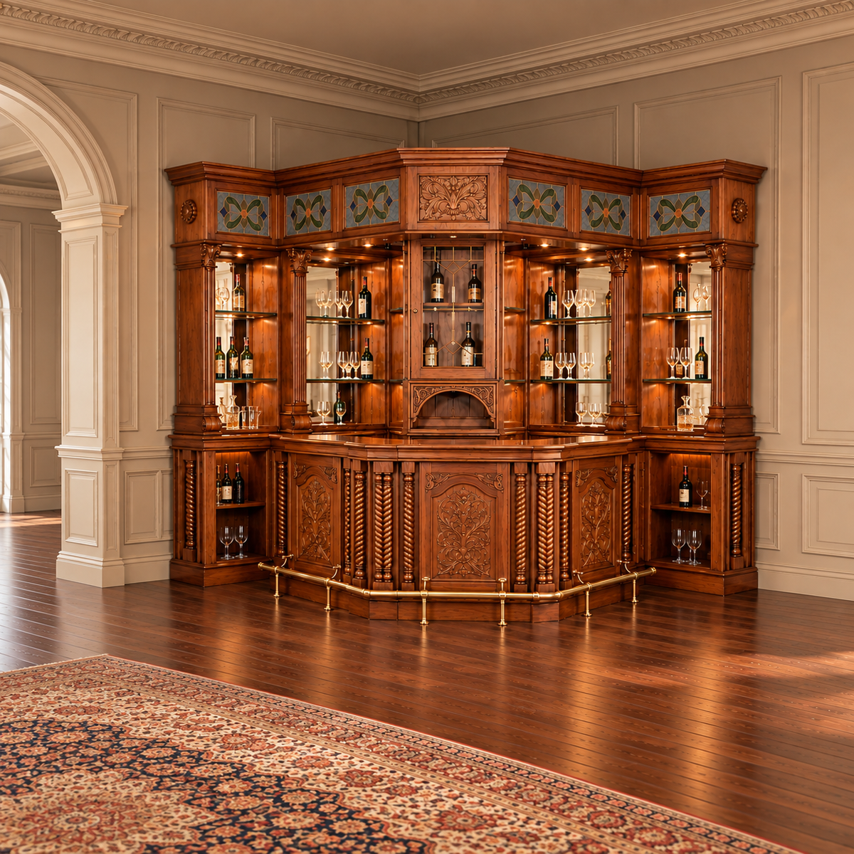 An ornate corner bar cabinet in rich dark wood with intricate carvings, illuminated glass shelves, and brass accents, set in a classic room with hardwood floors and a patterned rug.