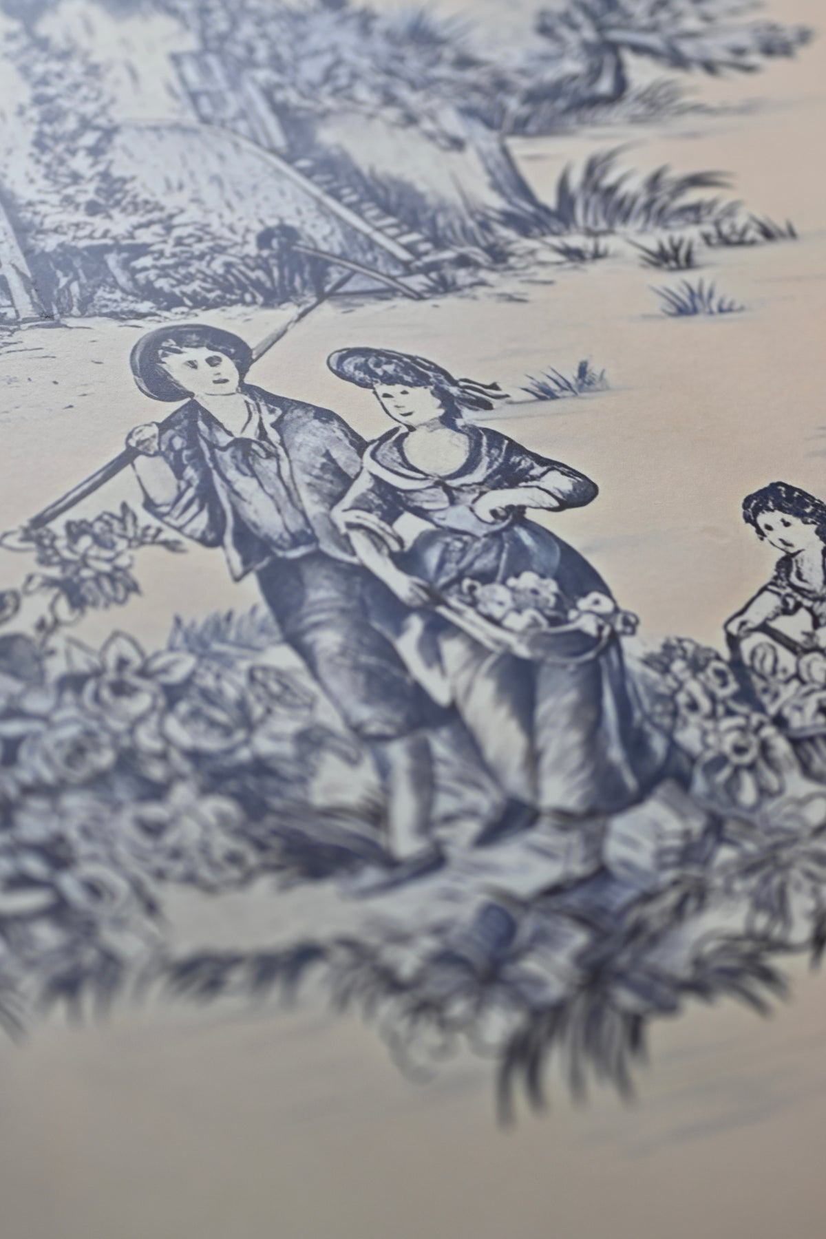 Vintage-style illustration of a couple in a garden with floral patterns