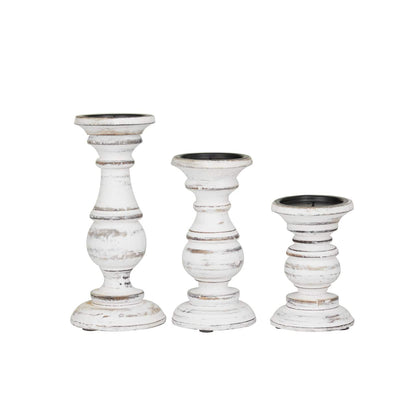 Ashes of Poetry — Distressed White Turned Wood Candle Holder Set