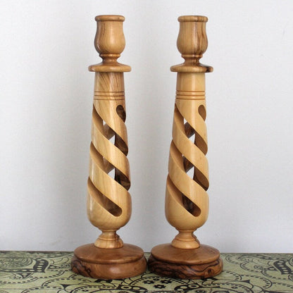 Rosé Spiral — Hand-Turned Wood Spiral Candle Holder Set
