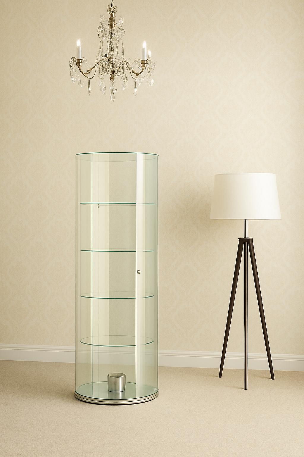 Glass display cabinet and floor lamp against a beige wall.