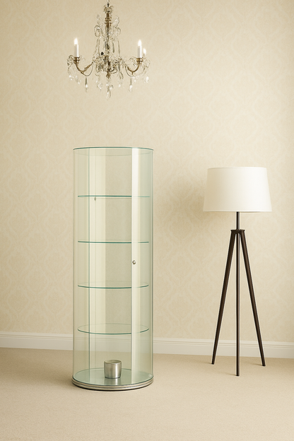 Glass display cabinet and floor lamp against a beige wall.