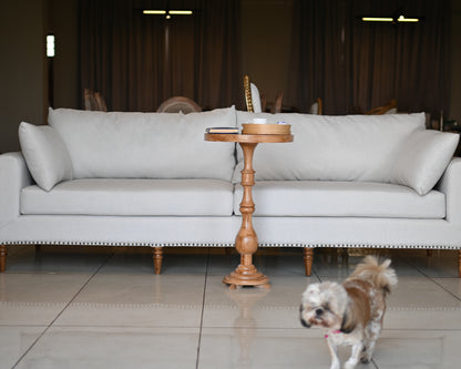 Living room with a gray sofa, wooden side table, and a small dog standing in front.