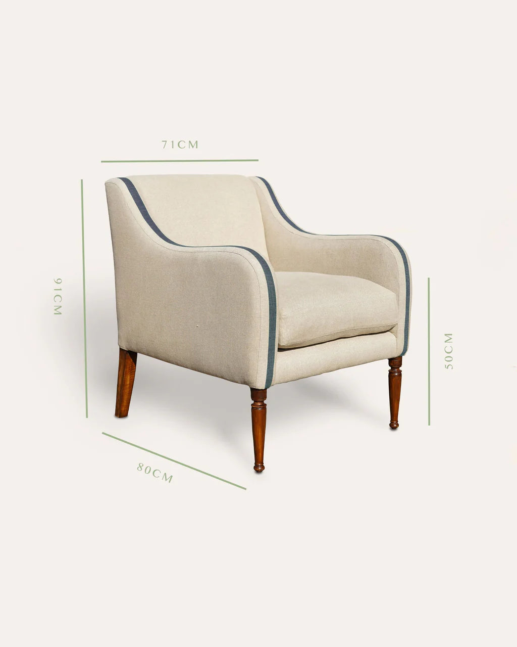 Beige armchair with blue accents and dimensions on a white background