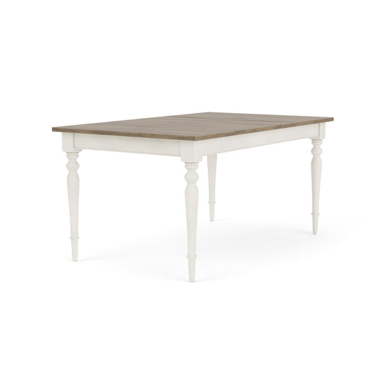 Rectangular table with wooden top and white legs on a white background