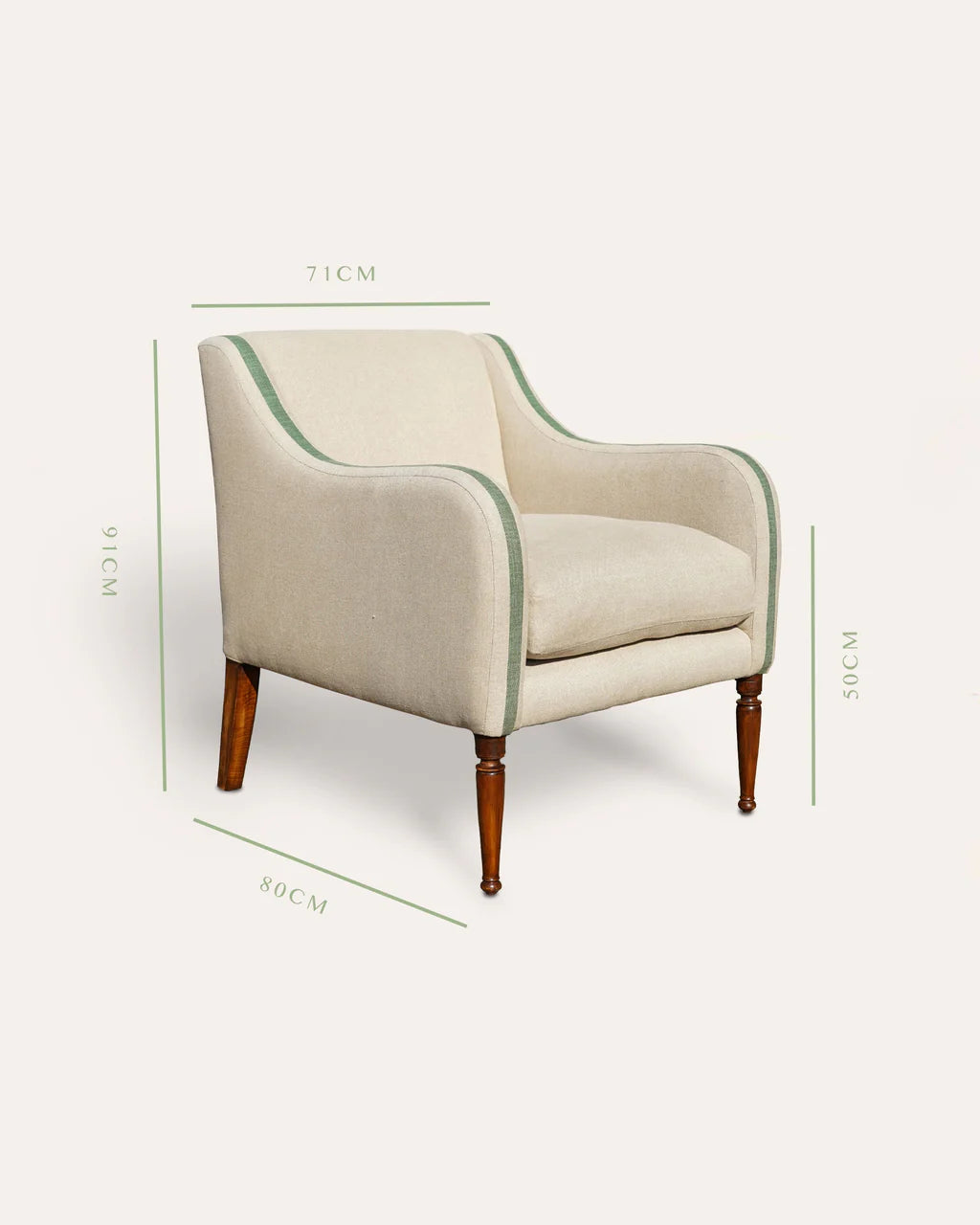 Beige armchair with green trim and dimensions on a white background