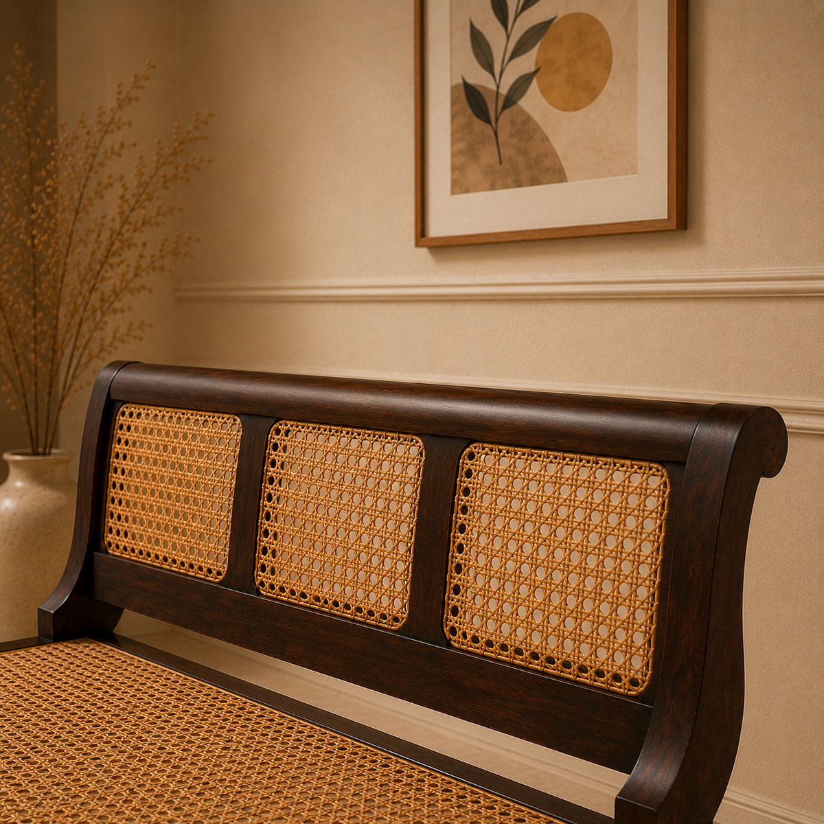 A close-up of a dark wood bed frame headboard with three woven cane panels, set in a warm, neutral-toned bedroom with a framed print on the wall.