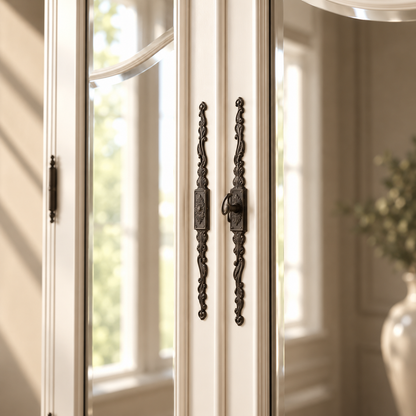 Decorative dark bronze metal door handles with ornate scrollwork and a latch, shown on a white paneled door in a softly lit interior.