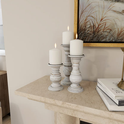 Ashes of Poetry — Distressed White Turned Wood Candle Holder Set