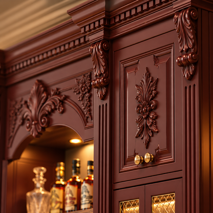 An ornate dark reddish-brown wooden cabinet with intricate carved floral details, gold knobs, and warm interior lighting, shown in a close-up interior shot.