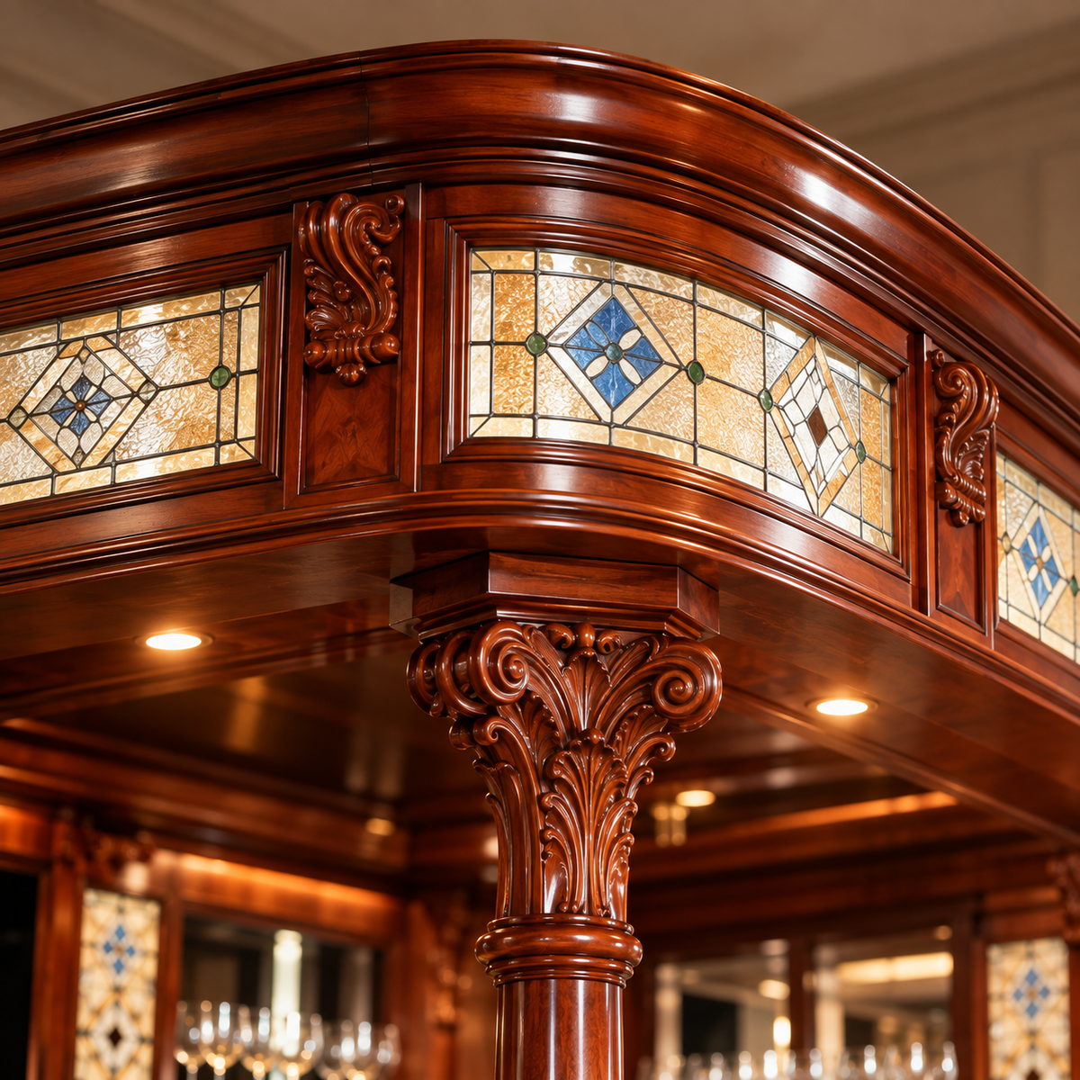Close-up of an ornate wooden bar cabinet corner with carved wood detailing and decorative stained glass panels in beige, blue, and amber tones.