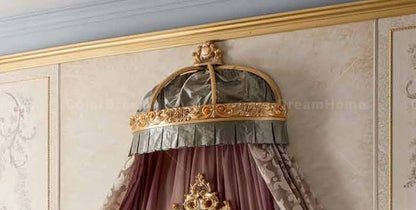 Decorative canopy with gold accents on a wall with ornate molding.